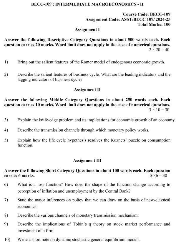 IGNOU BECC-109 - Intermediate Macroeconomics-II, Latest Solved Assignment-July 2024 - January 2025