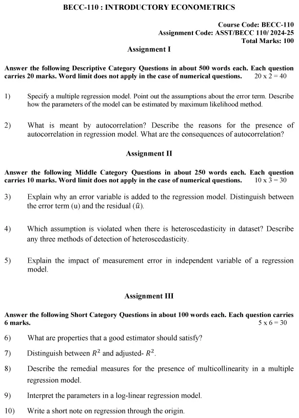 IGNOU BECC-110 - Introductory Econometrics, Latest Solved Assignment-July 2024 - January 2025