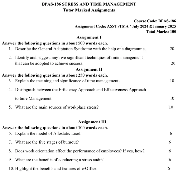 IGNOU BPAS-186 - Stress and Time Management, Latest Solved Assignment-July 2024 - January 2025