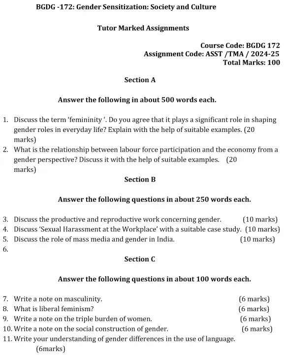 BGDG-172 - Gender Sensitization: Society and Culture-July 2024 - January 2025