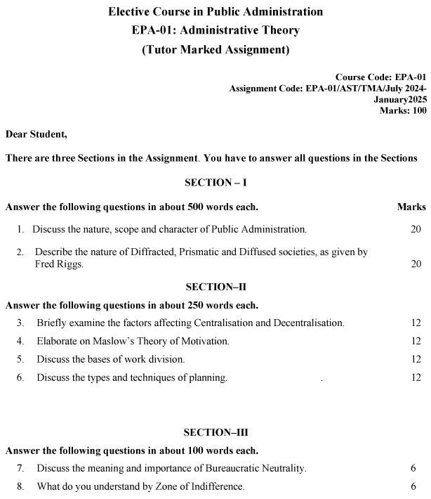 IGNOU EPA-01 - Administrative Theory, Latest Solved Assignment -July 2024 - January 2025