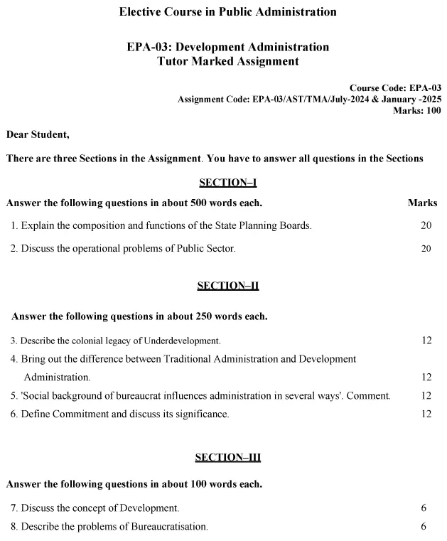 IGNOU EPA-03 - Development Administration, Latest Solved Assignment-July 2024 - January 2025