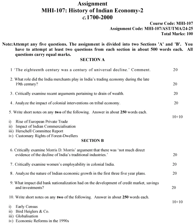 IGNOU MHI-107 - History of Indian Economy-2: C.1700 to 2000-July 2024 - January 2025