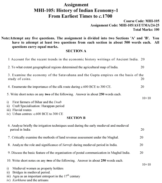 IGNOU MHI-105 - History of Indian Economy-1: From Earliest Times to C.1700-July 2024 - January 2025