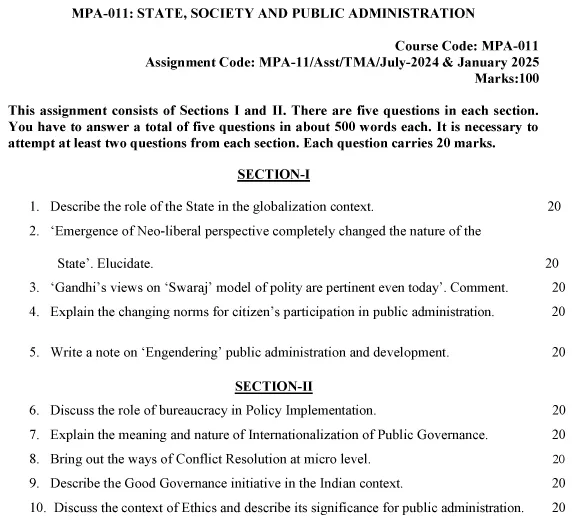 IGNOU MPA-11 - State, Society and Public Administration Latest Solved Assignment-July 2024 - January 2025