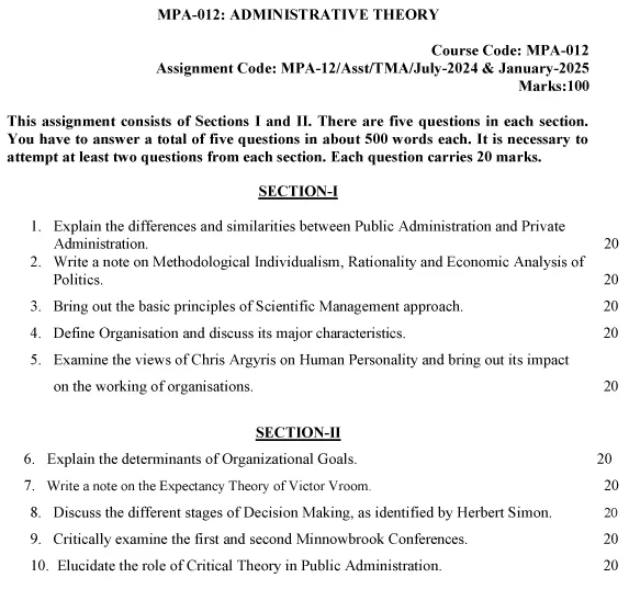 IGNOU MPA-12 - Administrative Theory Latest Solved Assignment-July 2024 - January 2025