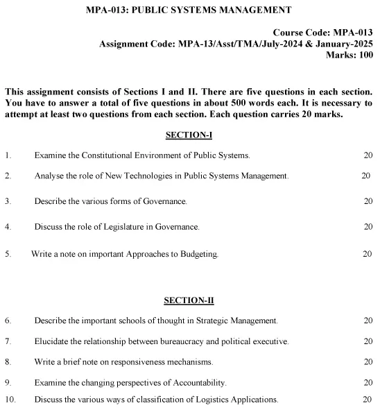 IGNOU MPA-13 - Public Systems Management Latest Solved Assignment-July 2024 - January 2025