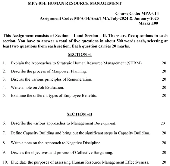 IGNOU MPA-14 - Human Resource Management Latest Solved Assignment-July 2024 - January 2025