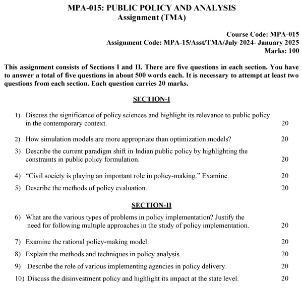 IGNOU MPA-15 - Public Policy and Analysis Latest Solved Assignment-July 2024 - January 2025