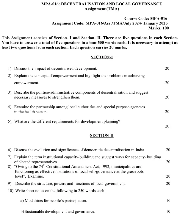 IGNOU MPA-16 - Decentralisation and Local Governance Latest Solved Assignment-July 2024 - January 2025