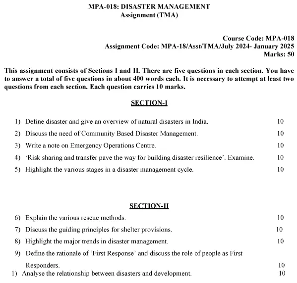 IGNOU MPA-18 - Disaster Management, Latest Solved Assignment-July 2024 - January 2025