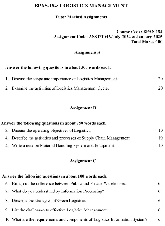 IGNOU BPAS-184 - Logistics Management, Latest Solved Assignment-July 2024 - January 2025