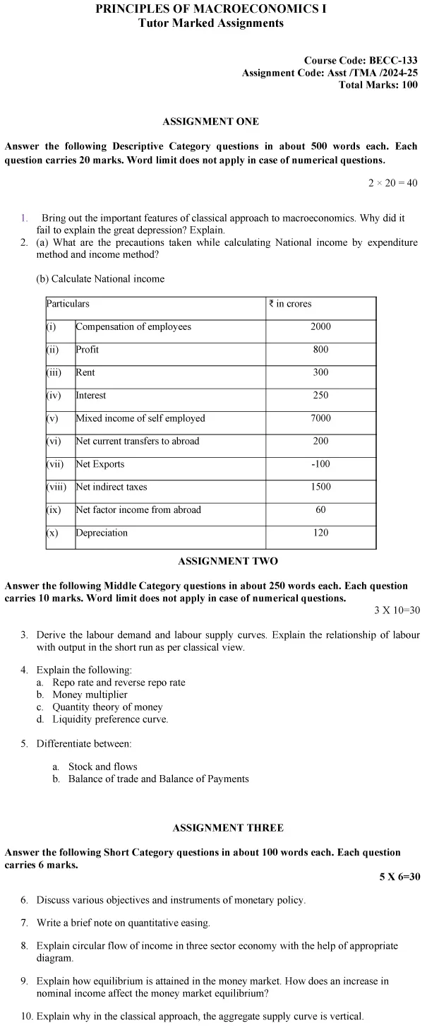 IGNOU BECC-133 - Principles of Macroeconomics-I, Latest Solved Assignment-July 2024 - January 2025