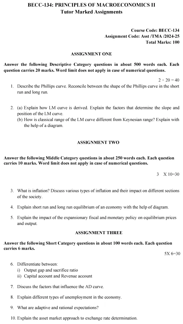 IGNOU BECC-134 - Principles of Macroeconomics-II, Latest Solved Assignment-July 2024 - January 2025