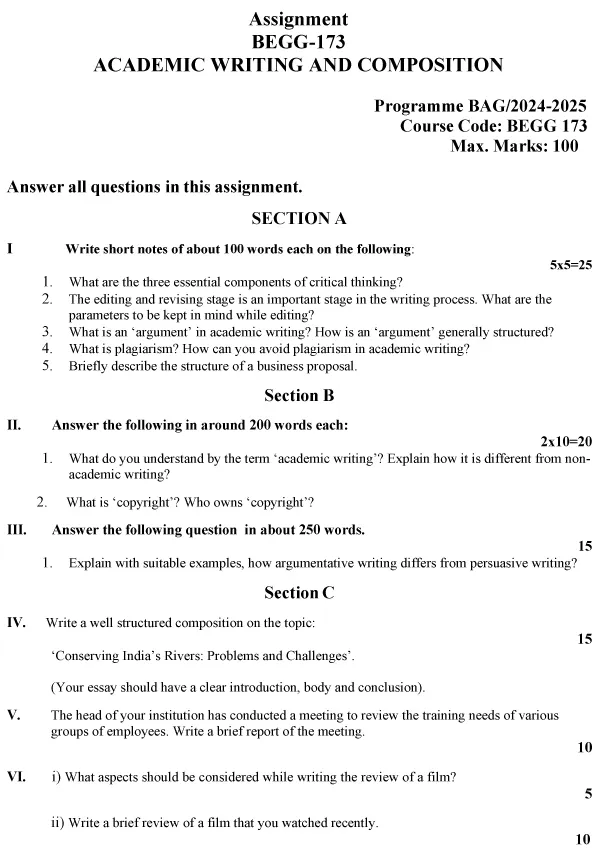 IGNOU BEGG-173 - Academic Writing & Composition Latest Solved Assignment-July 2024 - January 2025