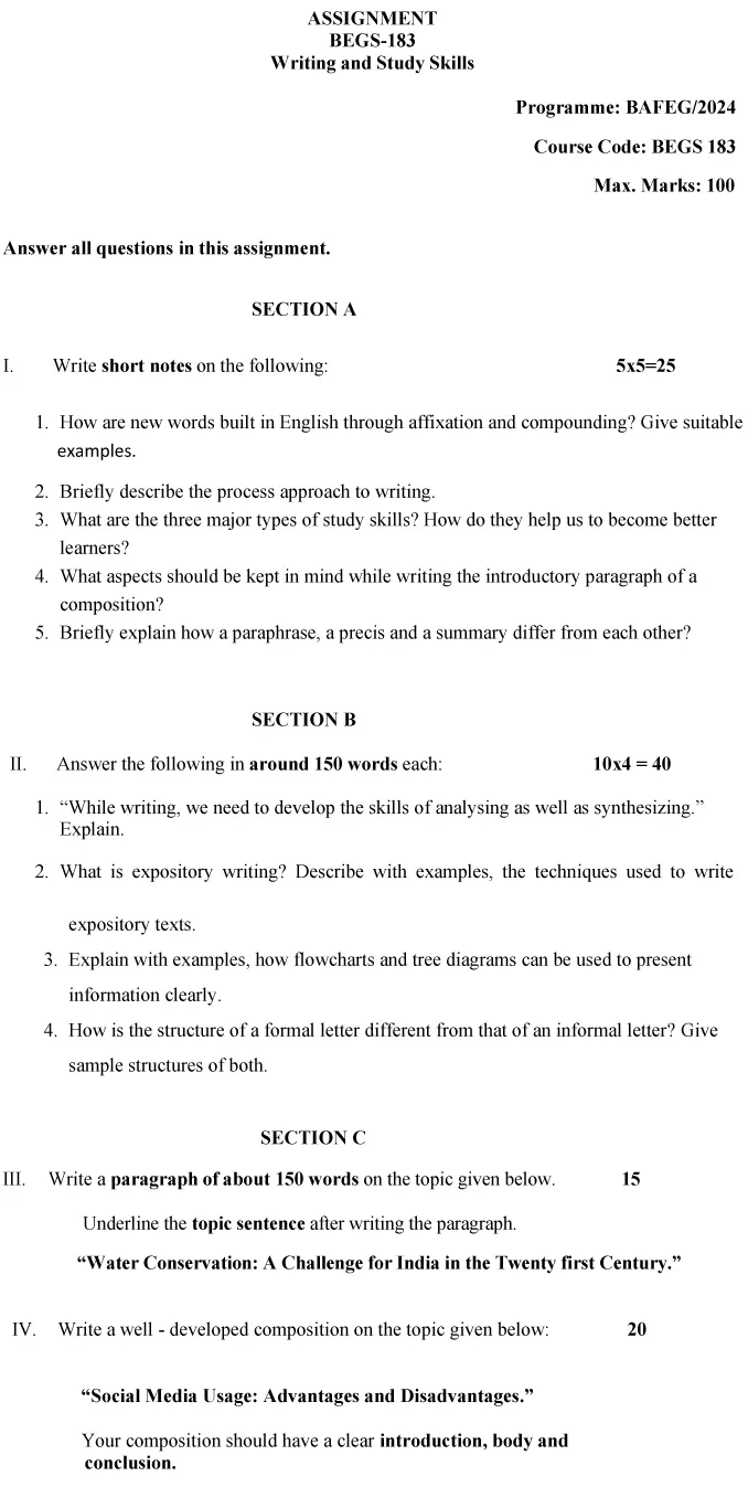 IGNOU BEGS-183 - Writing and Study Skills Latest Solved Assignment-July 2024 - January 2025