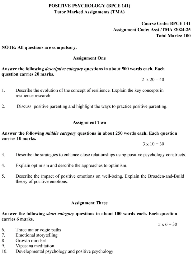 IGNOU BPCE-141 - Positive Psychology Latest Solved Assignment-July 2024 - January 2025