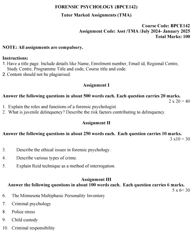 IGNOU BPCE-142 - Forensic Psychology Latest Solved Assignment-July 2024 - January 2025