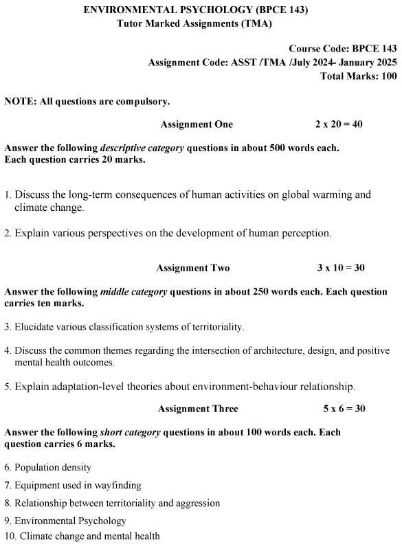 IGNOU BPCE-143 - Environmental Psychology Latest Solved Assignment-July 2024 - January 2025