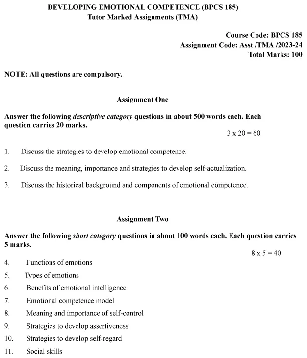 IGNOU BPCS-185 - Developing Emotional Competence, Latest Solved Assignment-July 2024 - January 2025