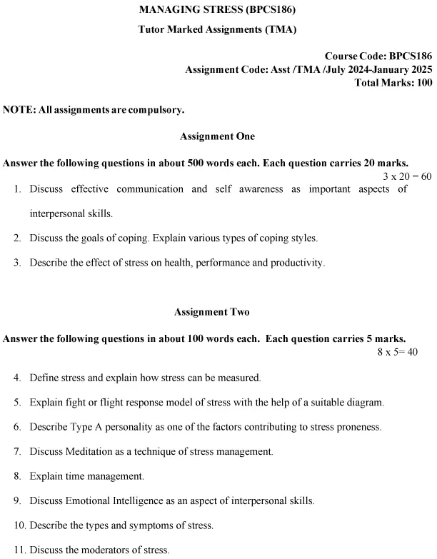 IGNOU BPCS-186 - Managing Stress, Latest Solved Assignment-July 2024 - January 2025