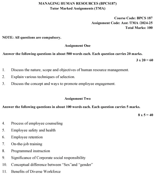 IGNOU BPCS-187 - Managing Human Resources, Latest Solved Assignment-July 2024 - January 2025