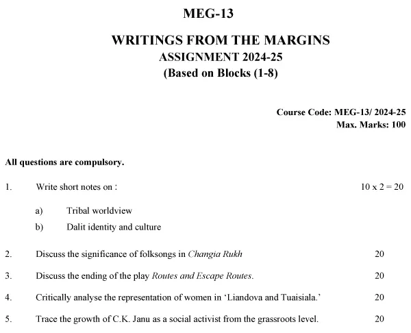 IGNOU MEG-13 - Writing From the Margins Latest Solved Assignment-July 2024 - January 2025