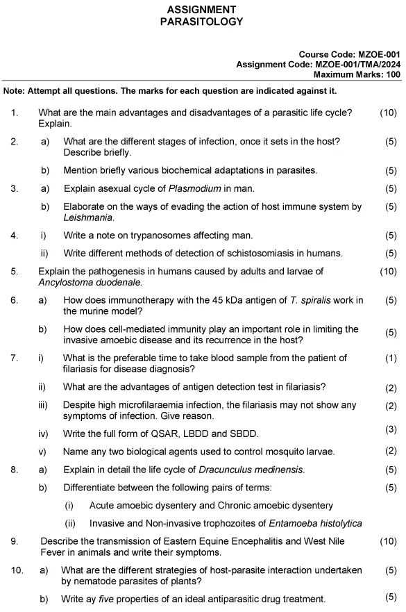 IGNOU MZOE-01 - Parasitology (Elective) Latest Solved Assignment-January 2024 - December 2024