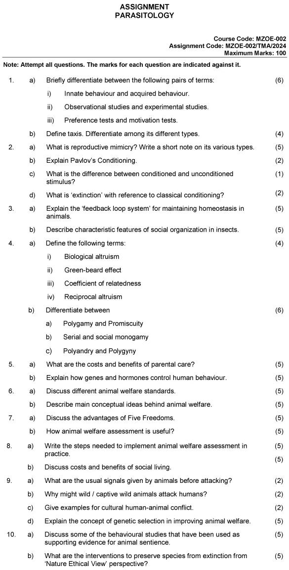 IGNOU MZOE-02 - Animal Behaviour and Animal Welfare Ethics (Elective) Latest Solved Assignment-January 2024 - December 2024