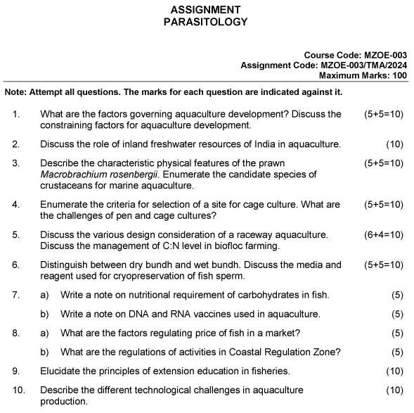 IGNOU MZOE-03 - Aquaculture (Elective) Latest Solved Assignment-January 2024 - December 2024