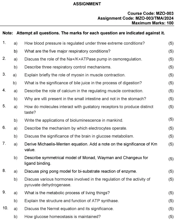 IGNOU MZO-03 - Comparative Animal Physiology and Biochemistry (Core) Latest Solved Assignment-January 2024 - December 2024