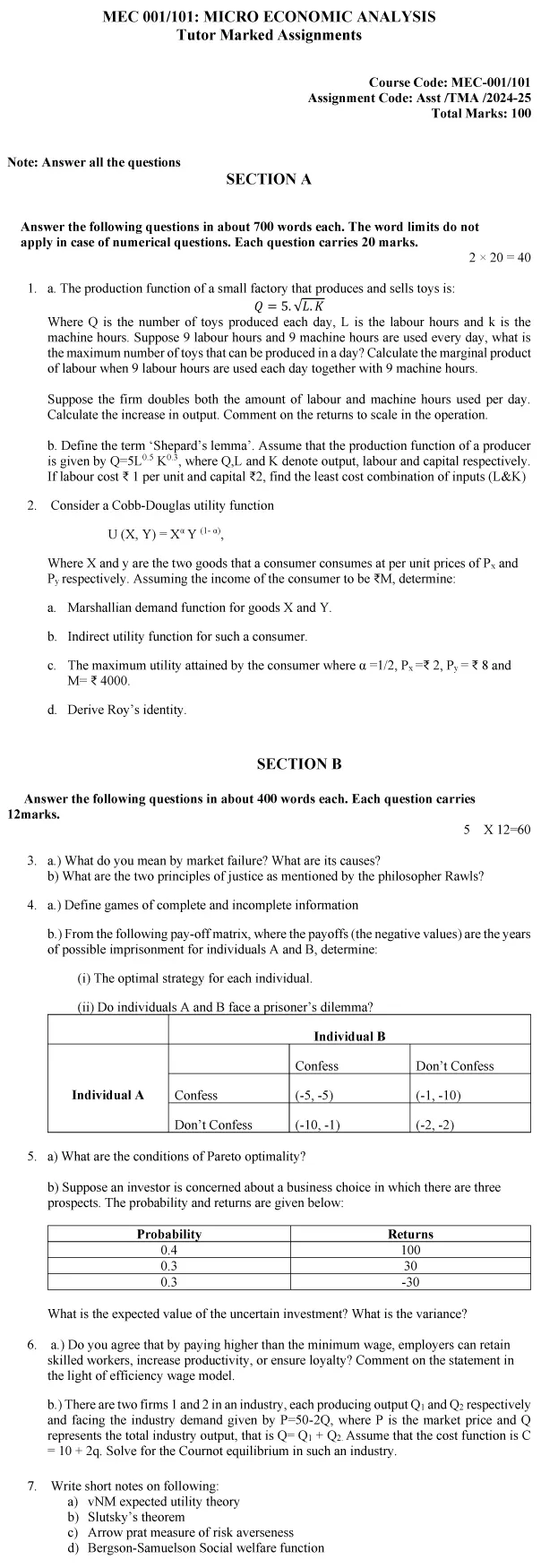 IGNOU MEC-101 - Microeconomic Analysis Latest Solved Assignment-July 2024 - January 2025