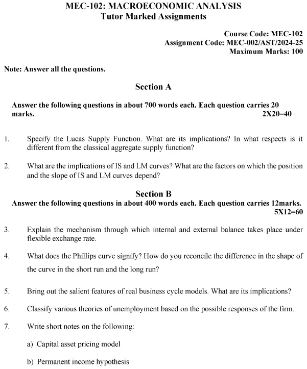 IGNOU MEC-102 - Macroeconomic Theory and Analysis Latest Solved Assignment -July 2024 - January 2025