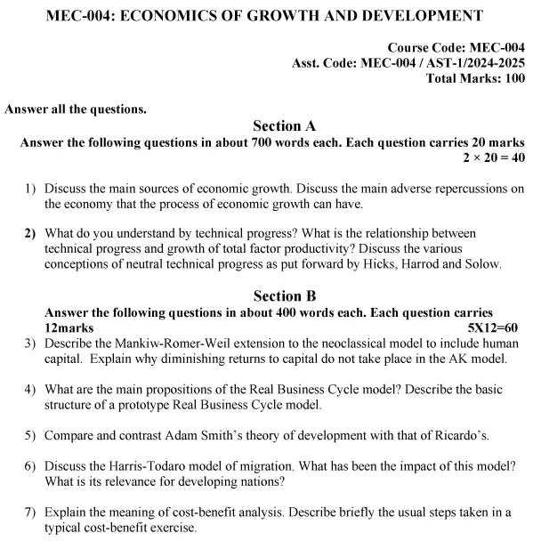 IGNOU MEC-04 - Economics of Growth and Development Latest Solved Assignment-July 2024 - January 2025