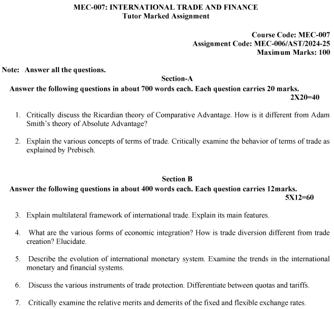 IGNOU MEC-07 - International Trade and Finance Latest Solved Assignment-July 2024 - January 2025