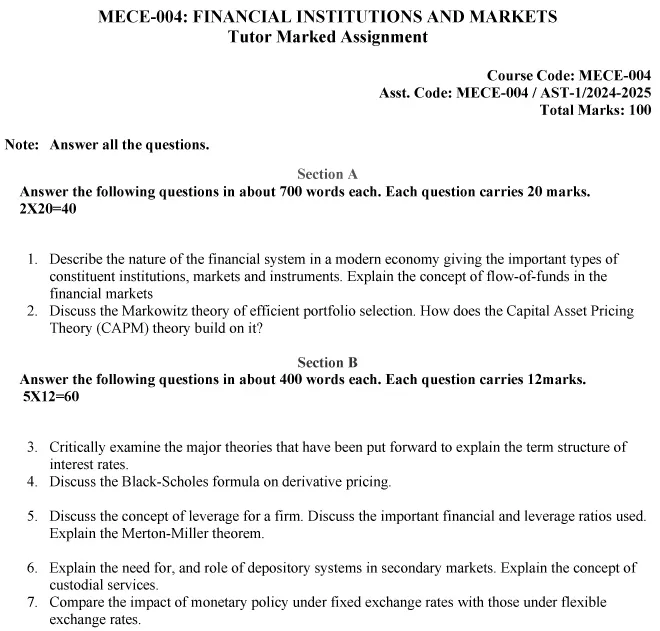 IGNOU MECE-04 - Financial Institutions and Markets Latest Solved Assignment-July 2024 - January 2025