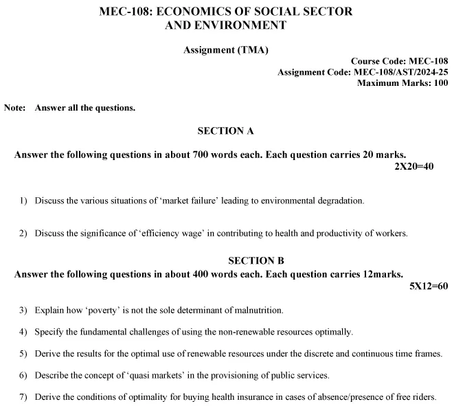 IGNOU MEC-108 - Economics of Social Sector and Environment Latest Solved Assignment-July 2024 - January 2025