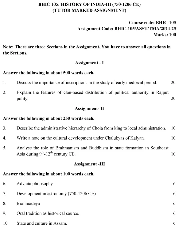 IGNOU BHIC-105 - History of India –III (750 – 1206 CE) Latest Solved Assignment-July 2024 - January 2025