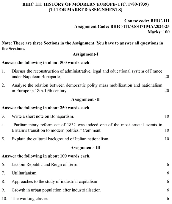 IGNOU BHIC-111 - History of Modern Europe - I (c. 1780 - 1939) Latest Solved Assignment-July 2024 - January 2025