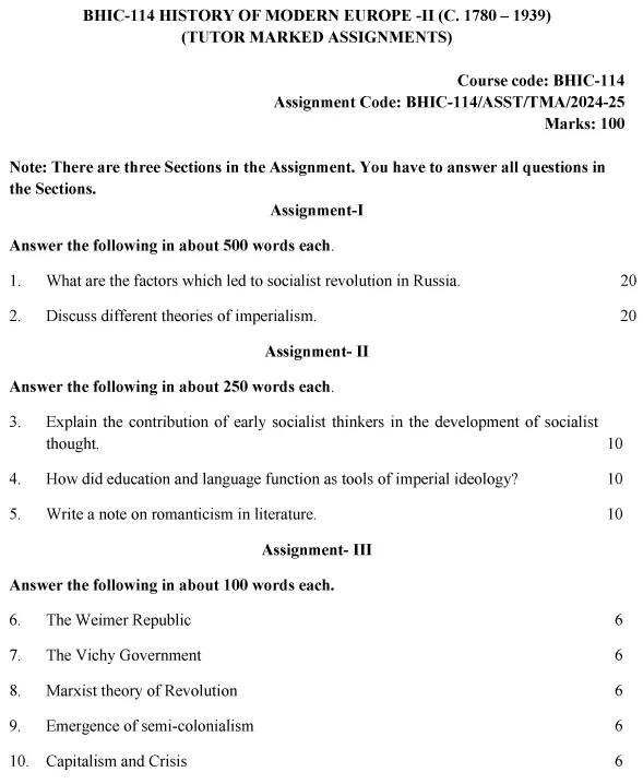 IGNOU BHIC-114 - History of Modern Europe -II (c. 1780 – 1939)  Latest Solved Assignment-July 2024 - January 2025