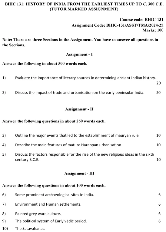 IGNOU BHIC-131 - History of India from the Earliest Times up to 300 CE. Latest Solved Assignment-July 2024 - January 2025