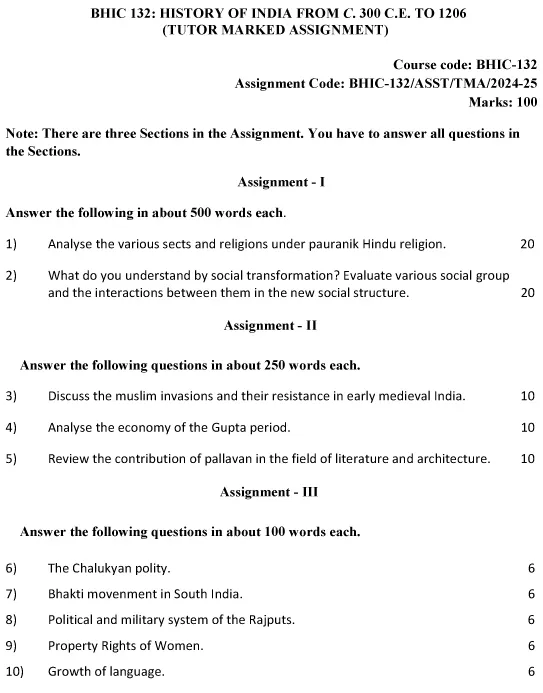 IGNOU BHIC-132 - History of India from C. 300-1206 Latest Solved Assignment-July 2024 - January 2025