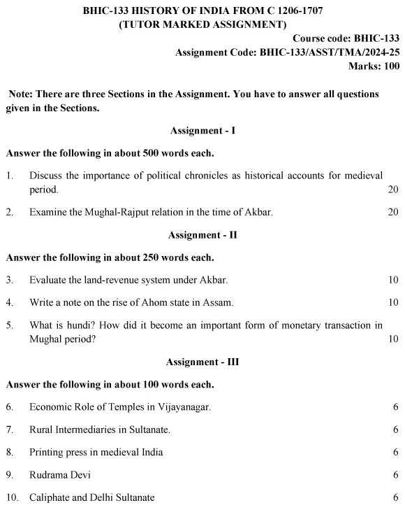 IGNOU BHIC-133 - History of India from c.1206 - 1707 Latest Solved Assignment-July 2024 - January 2025