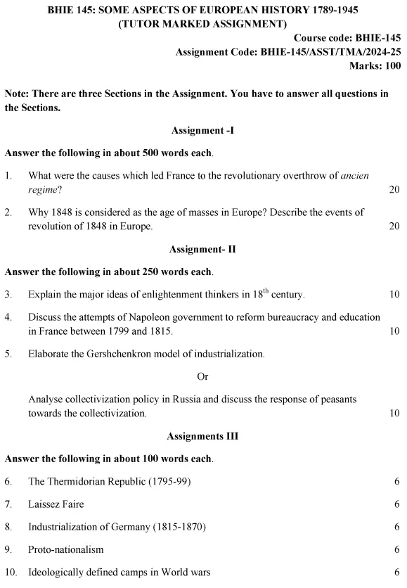 IGNOU BHIE-145 - Some aspects of European History: C. 1789 – 1945, Latest Solved Assignment-July 2024 - January 2025