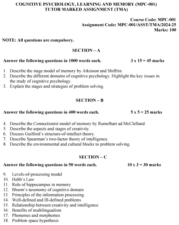 IGNOU MPC-01 - Cognitive Psychology, Learning and Memory Latest Solved Assignment-July 2024 - January 2025