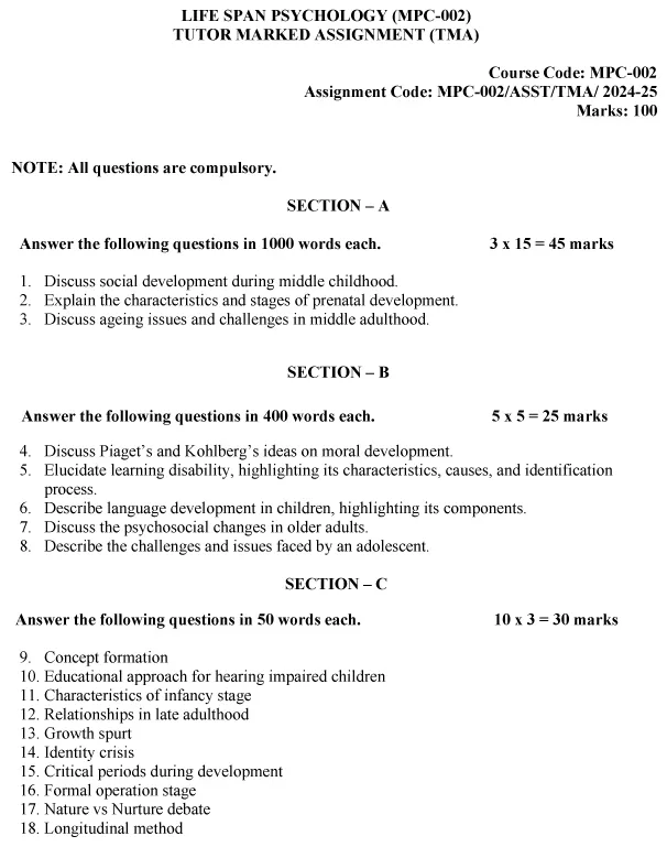 IGNOU MPC-02 - Life Span Psychology Latest Solved Assignment-July 2024 - January 2025