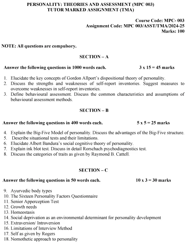 IGNOU MPC-03 - Personality: Theories and Assessment Latest Solved Assignment-July 2024 - January 2025