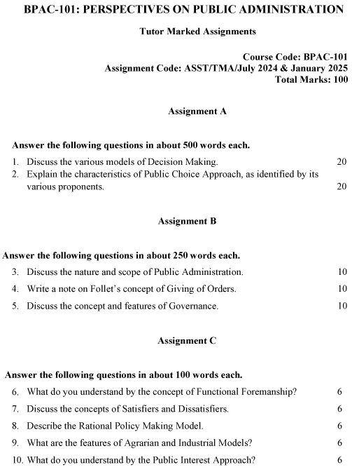 IGNOU BPAC-101 - Perspectives on Public Administration, Latest Solved Assignment -July 2024 - January 2025