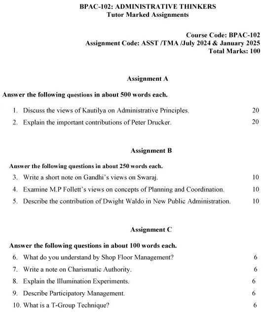 IGNOU BPAC-102 - Administrative Thinkers, Latest Solved Assignment-July 2024 - January 2025