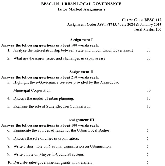 IGNOU BPAC-110 - Urban Local Governance, Latest Solved Assignment-July 2024 - January 2025